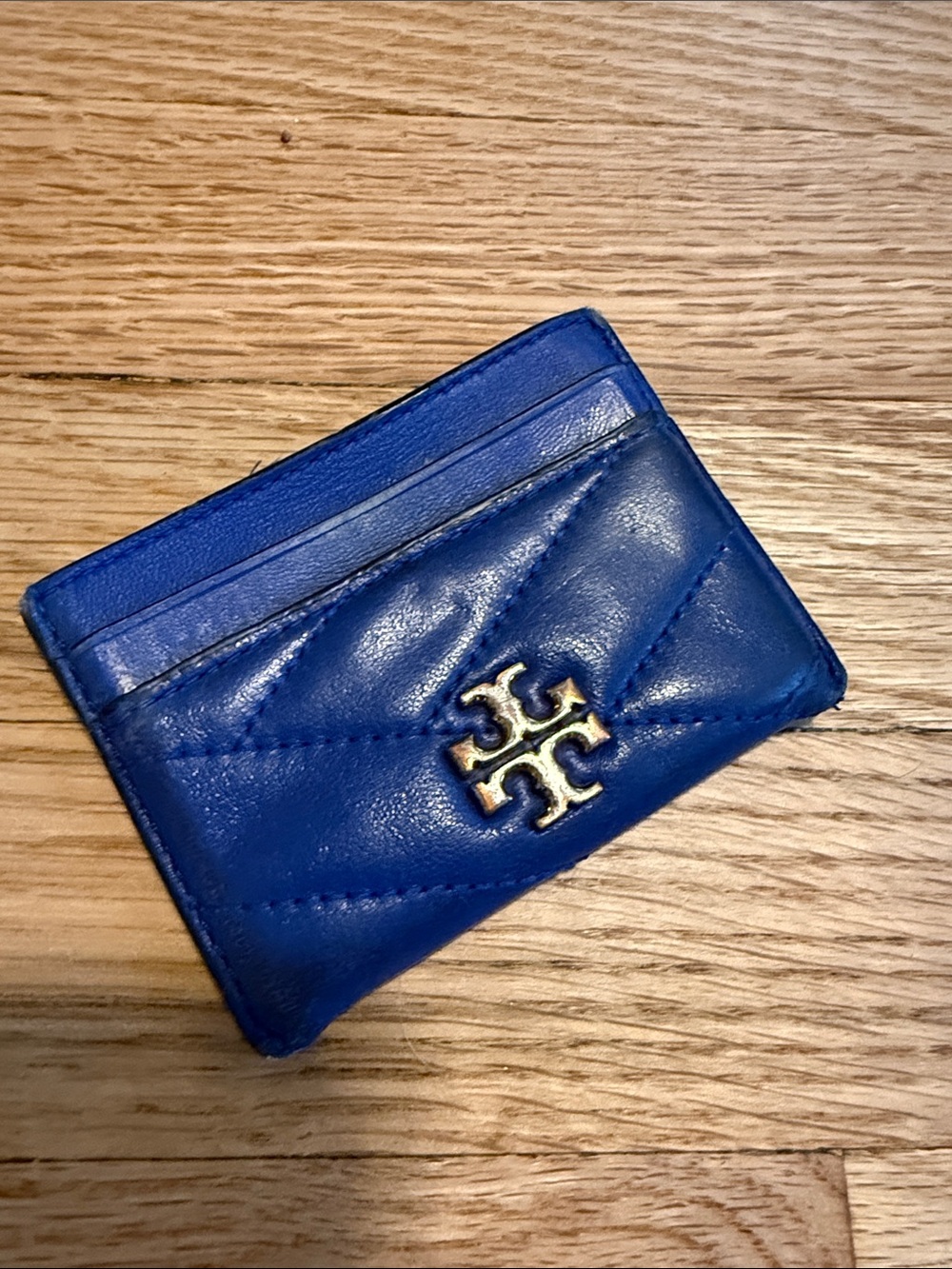 Tory Burch Royal Blue Quilted Leather Card Holder with Gold Logo